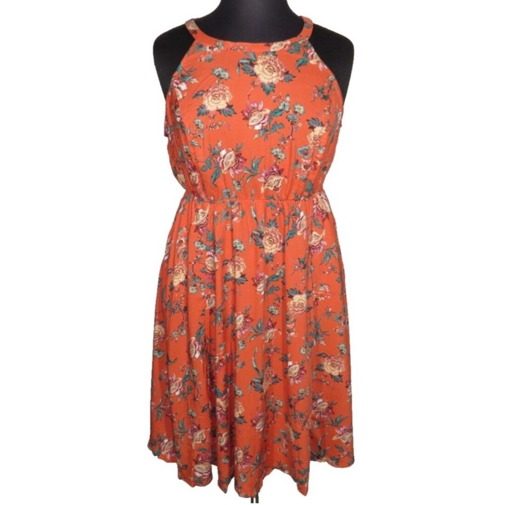 NWOT Torrid Orange/Ginger Floral Challis High/Low Dress, Keyhole Back, size 1